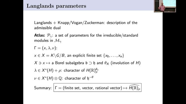 Jeffrey Adams lecturing on the unitary dual, in front of a slide titled Langlands parameters.
